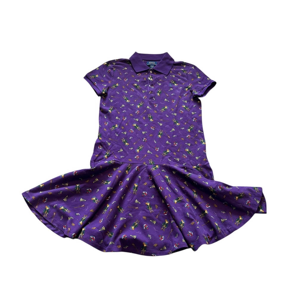 Polo Ralph Lauren Kids Girls Purple All Over Bear Print‎ Polo Dress Size L 12-14